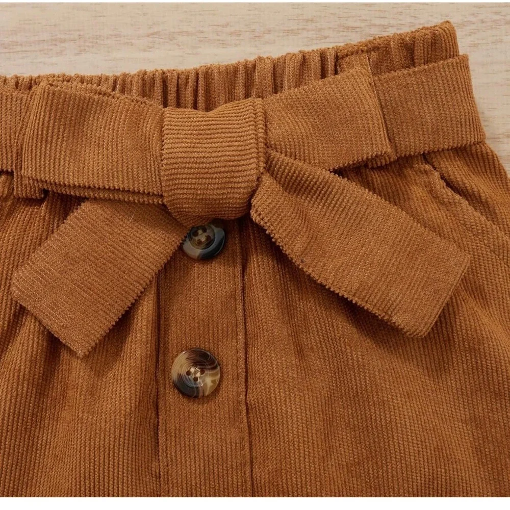 Girls Black Ruffle‎ Ribbed Bodysuit and Tan Corduroy Skirt Set 12-18M with Belt